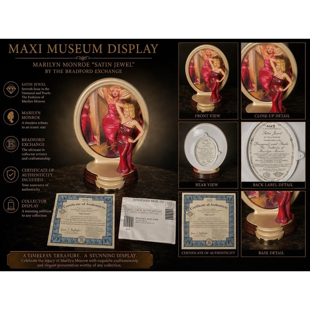 Bradford Exchange Marilyn Monroe Satin Jewel Statue Plate Diamonds Pearls COA